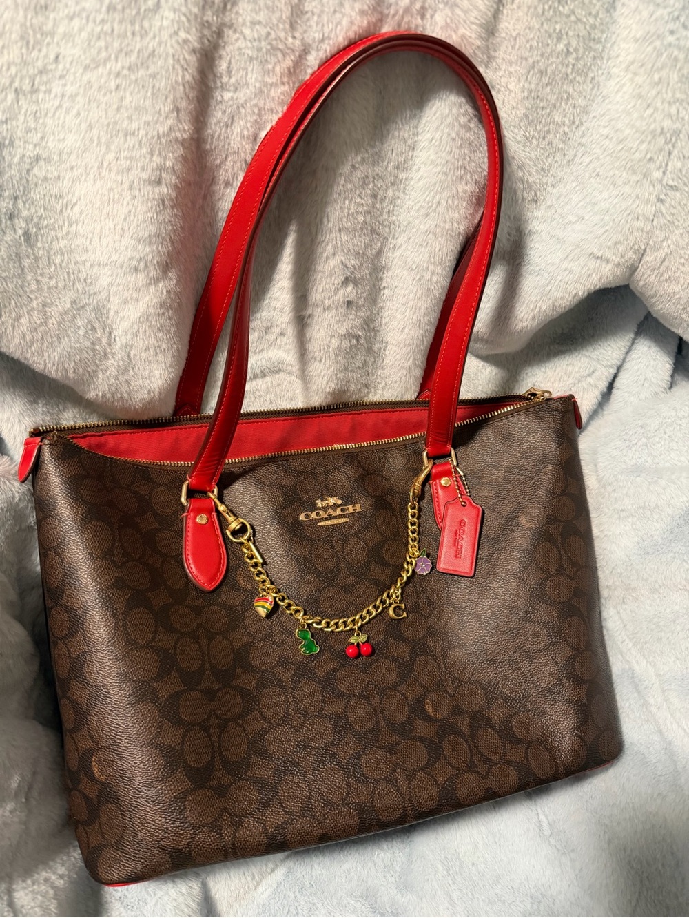 Coach Brown Signature Tote with Red Trim and Handles